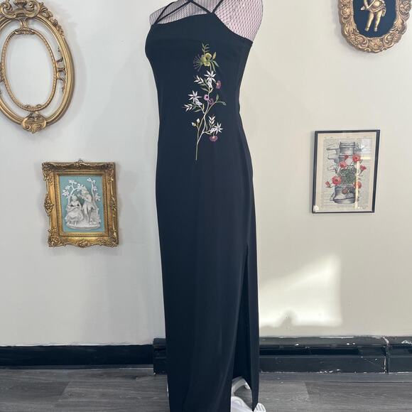 Vintage Y2K Krizia D Black Floral Embroidered Halter Maxi Dress Side Slits - Picture 1 of 8